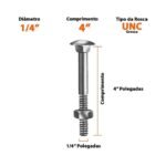 Parafuso Francês 1/4x4 Zincado com porca sextavada 100 peças - Imagem 2