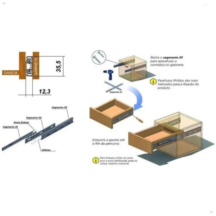 Par de corrediça telescópica reforçada 45mm x 450mm para 45kg.
